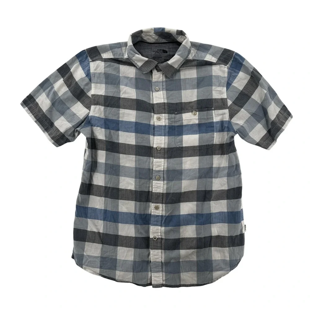 North Face Shirt‎ Mens Medium Blue Gray Plaid Short Sleeve Button Up Outdoor